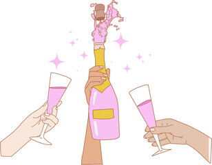 Vector art is depicting hands toasting with popping pink champagne, flutes, sparkles, transparent