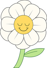 Cartoon daisy is smiling in flat design with yellow face and white petals on transparent background