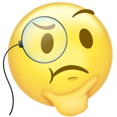 Thinking emoji face is floating in flat design with monocle and hand, on transparent background