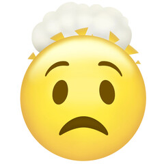 Worried-looking yellow emoticon is floating on transparent background showing puffy cloud with rays