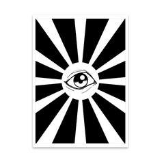 Stylized black-and-white eye is floating in flat line-art sunburst graphic, transparent background