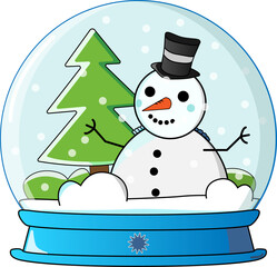 Flat design snow globe is showing snowman with pine tree, flakes, blue base, transparent background