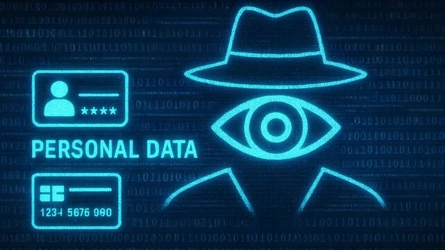 An illustration highlighting personal data privacy concerns, featuring an anonymous figure, digital identity cards, and surveillance themes, emphasizing the need for data protectio