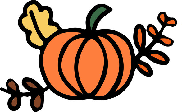 Fototapeta Stylized pumpkin is floating on transparent background in flat design, green stem and autumn leaves