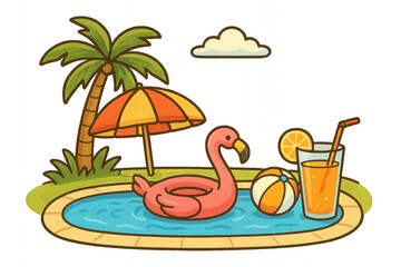 Flamingo in pool with cocktail and umbrella, isolated on transparent background.