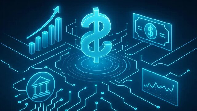 An abstract representation of digital finance, featuring a glowing dollar sign surrounded by bank icons and financial charts, symbolizing modern economic trends and technology.