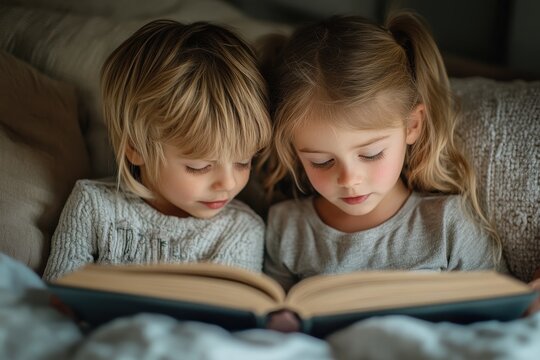 Siblings enjoying a cozy reading session at home with a storybook on a comfortable bed in warm evening light