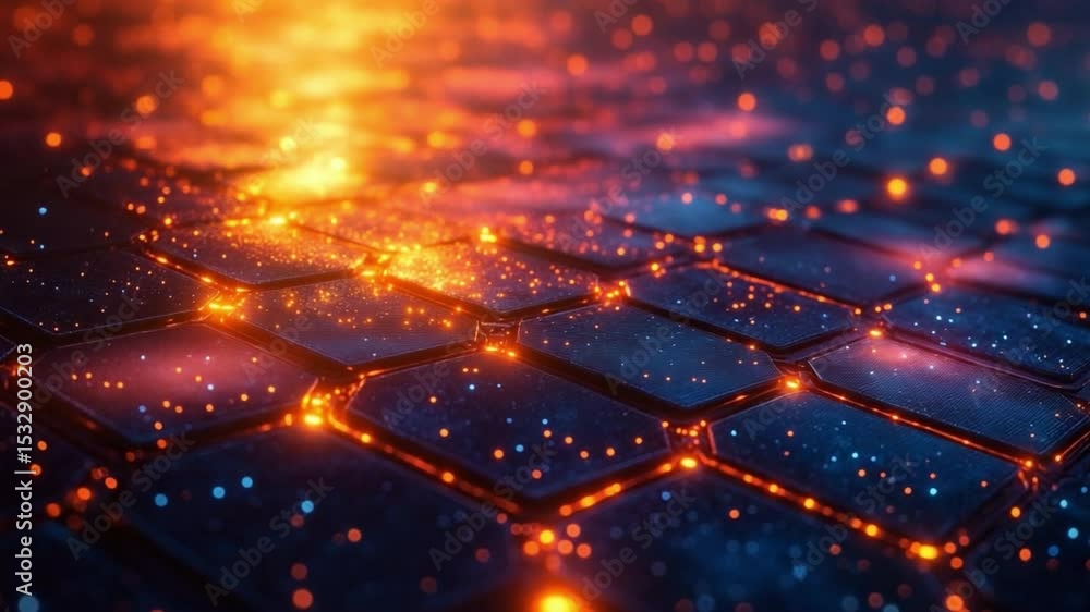 Poster Hexagonal Grid of Technological Innovation: A stunning visualization showcasing an intricate hexagonal grid illuminated by fiery, glowing particles, symbolizing the digital universe.