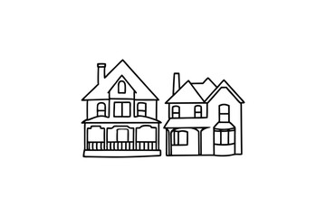 Line art drawing of two Victorian style houses