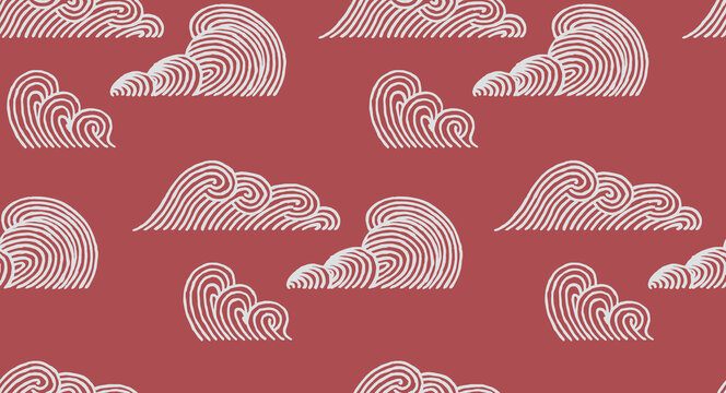 Hand drawn Japanese seamless pattern with repeating white stylized waves and ripples lines on warm muted red background, simple graphic for textile, carpet, wallpaper