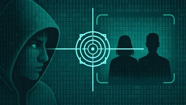 A digital representation of surveillance, showing a hooded figure targeting individuals through a biometric scanning interface, highlighting themes of privacy and security.