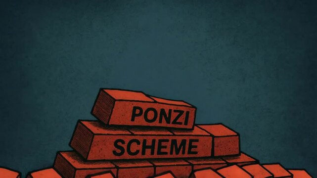 An artistic representation of a Ponzi scheme depicted with bricks stacked precariously. This image illustrates the deceptive nature of financial fraud and its impact on victims.
