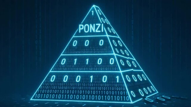 A digital representation of a Ponzi scheme pyramid, showcasing the layers of investment with binary code elements, emphasizing the deceptive nature of such financial schemes.