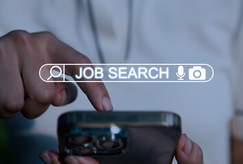Woman does Job Search on mobile smartphone, Human Resources Recruitment Career Concept. Online jobs...