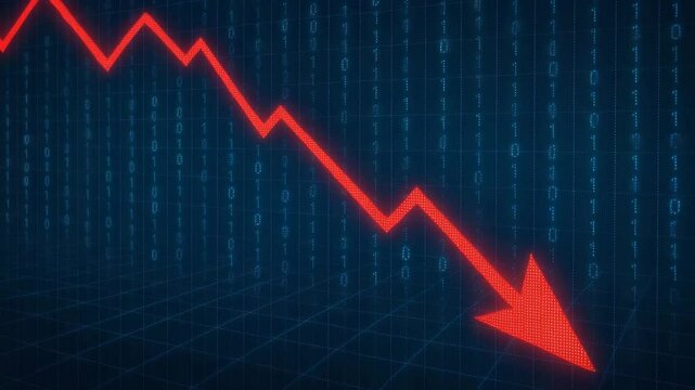 A digital representation of a declining trend illustrated by a red arrow, symbolizing loss, decrease, or downturn in financial metrics, signifying challenges in the market.
