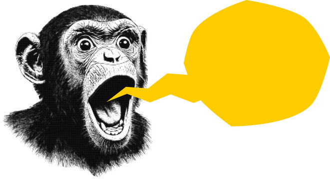 Modern illustration of a cute surprised monkey with an empty speech bubble, Wide-eyed cartoon monkey element for collage, Funny expressive monkey on a transparent background, Bold and colorful design 