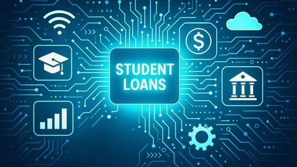 A hand pressing a button labeled 'Student Loans' on a digital interface. Various icons represent finance, education, and technology. Ideal for discussions on student financing. - Powered by Adobe