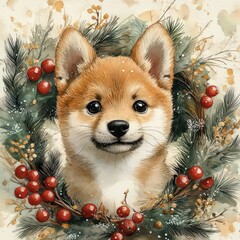 Shiba inu and Christmas decor.