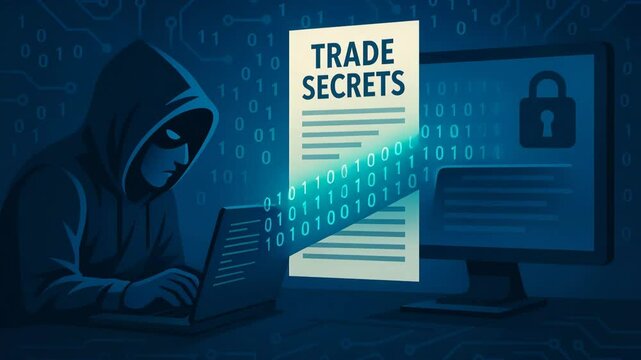 A mysterious figure in a hoodie hacks into a digital system, extracting sensitive information labeled as 'Trade Secrets'
