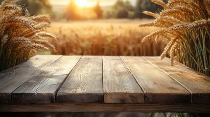 Wooden table top with copy space on wheat field background, display for product montage