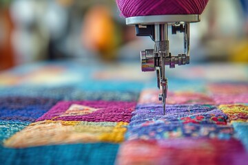 Create handmade patchwork using a sewing machine in a vibrant crafting space filled with colorful fabrics and threads during daylight hours
