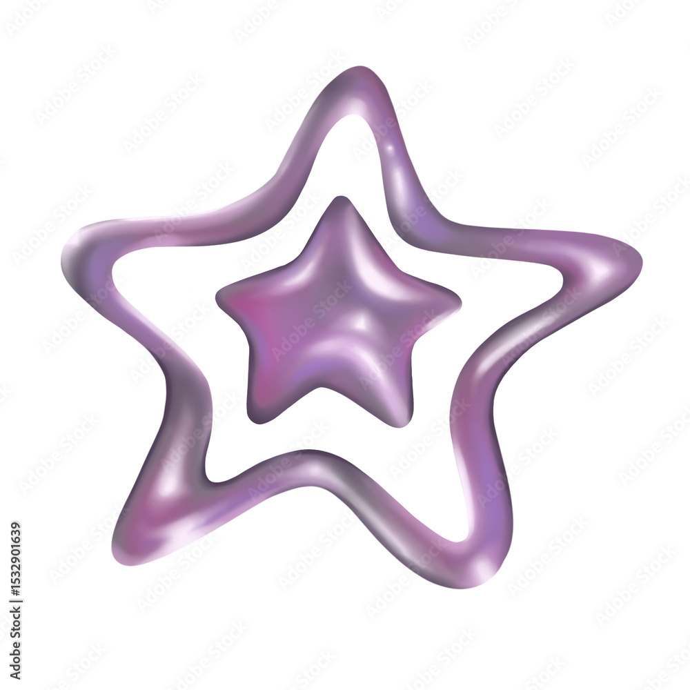 Poster stylized 3d metallic star is floating on transparent background with glossy outline and inner star