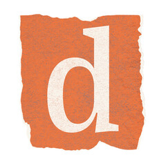 White lowercase serif letter d is sitting on orange torn paper, flat design, transparent background