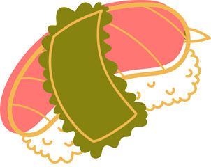 Flat sushi illustration is featuring two salmon nigiri with shiso leaf on transparent backdrop