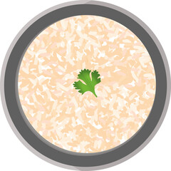Flat design is showing grey bowl with beige rice and green coriander leaf on transparent background