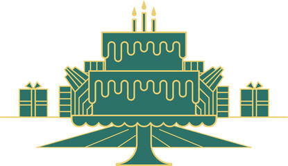 Vector-style birthday cake is sitting on pedestal with three candles, gifts, transparent background