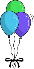 Green, blue, purple balloons are floating in 3D with black strings, ribbon bow on transparent bg