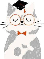 Cat is wearing orange glasses, bowtie, cap with orange tassel, flat design, transparent background