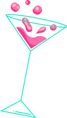 Flat illustration showing cyan-outlined martini glass splashing pink liquid, transparent background
