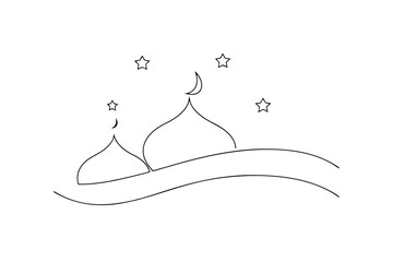 Simple line art mosque illustration crescent moon stars night sky
