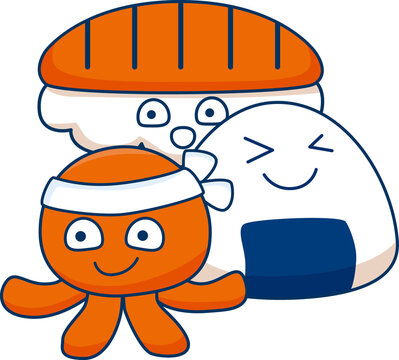 Flat design food mascots are posing on transparent backdrop with octopus headband, sushi, onigiri