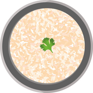 Flat design is showing grey bowl with beige rice and green coriander leaf on transparent background