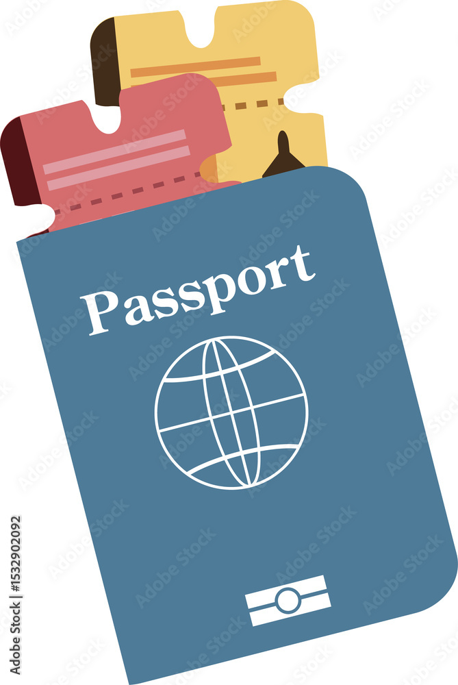 Poster flat design passport showing boarding passes with globe and biometric icons on transparent backdrop
