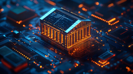 Economic risk affects investment and banking sector concept. Digital bank building on a circuit board, symbolizing finance and technology integration.