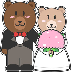 Flat design bear couple are posing in wedding outfits with pink bouquet on transparent background