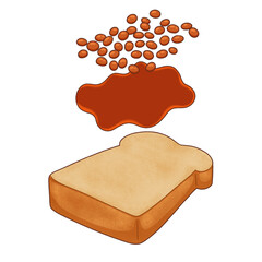 cartoon flat design is showing toast with sauce puddle and beans floating on transparent background