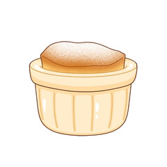 Flat design showing sugar-dusted soufflé rising in cream ceramic ramekin, transparent background