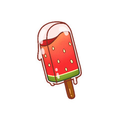 Cartoon-style watermelon popsicle is floating on transparent background, featuring wooden stick © vectorfusionart