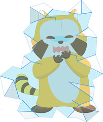 Cartoon raccoon is trembling in flat design, with jagged ice shards around, transparent background