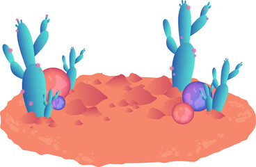 Coral-orange island is floating in flat art with succulents and spheres, transparent background