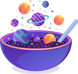 Fototapeta premium Planets and stars are floating in pink-rimmed bowl with spoon, flat design, transparent background