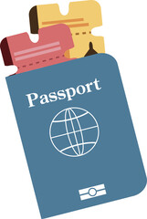 Flat design passport showing boarding passes with globe and biometric icons on transparent backdrop