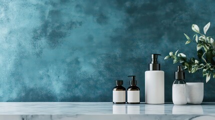 Cosmetic bottles and jars on a light blue background.