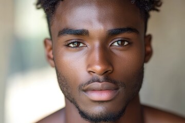 Obraz premium Close-up of a young handsome African American male displaying natural beauty and confidence under soft natural light in an outdoor setting