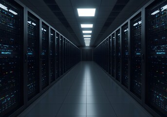 Interior view of a high-tech data center with long, symmetrical rows of sleek black server racks extending into the distance