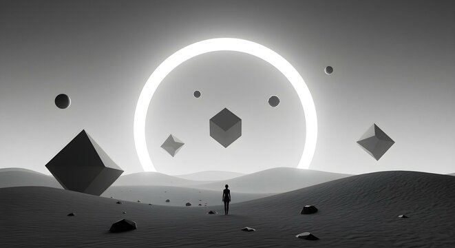 Surreal sci-fi desert landscape with geometric shapes and glowing ring